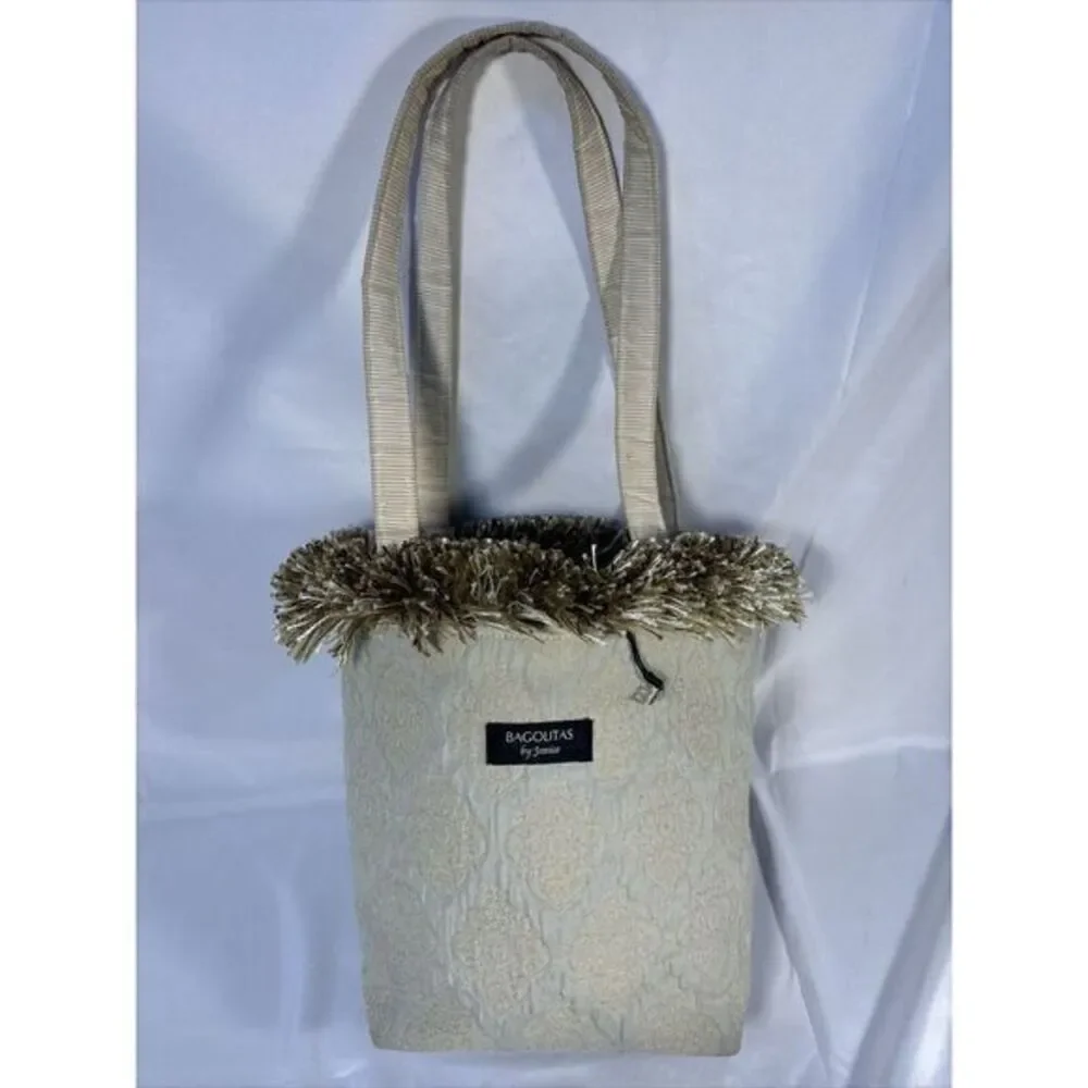 Bagolitas By Janice Purse With Fringe Baby Blue/beige Geometric Print